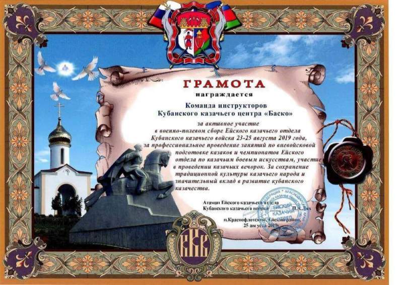 Итоги военно-полевых сборов  казачьих отделов ККВ и Кубанского казачьего центра «Баско» 2019 года